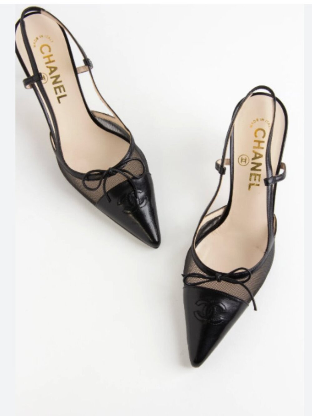 NIB Chanel Black Leather Mesh Slingback CC Logo Bow Heels Size 7.5 Made Italy